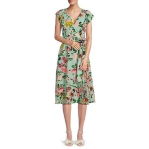 NEW Eliza J Floral Midi Dress Faux Wrap Flutter Sleeve Women's Mint Green Size 2